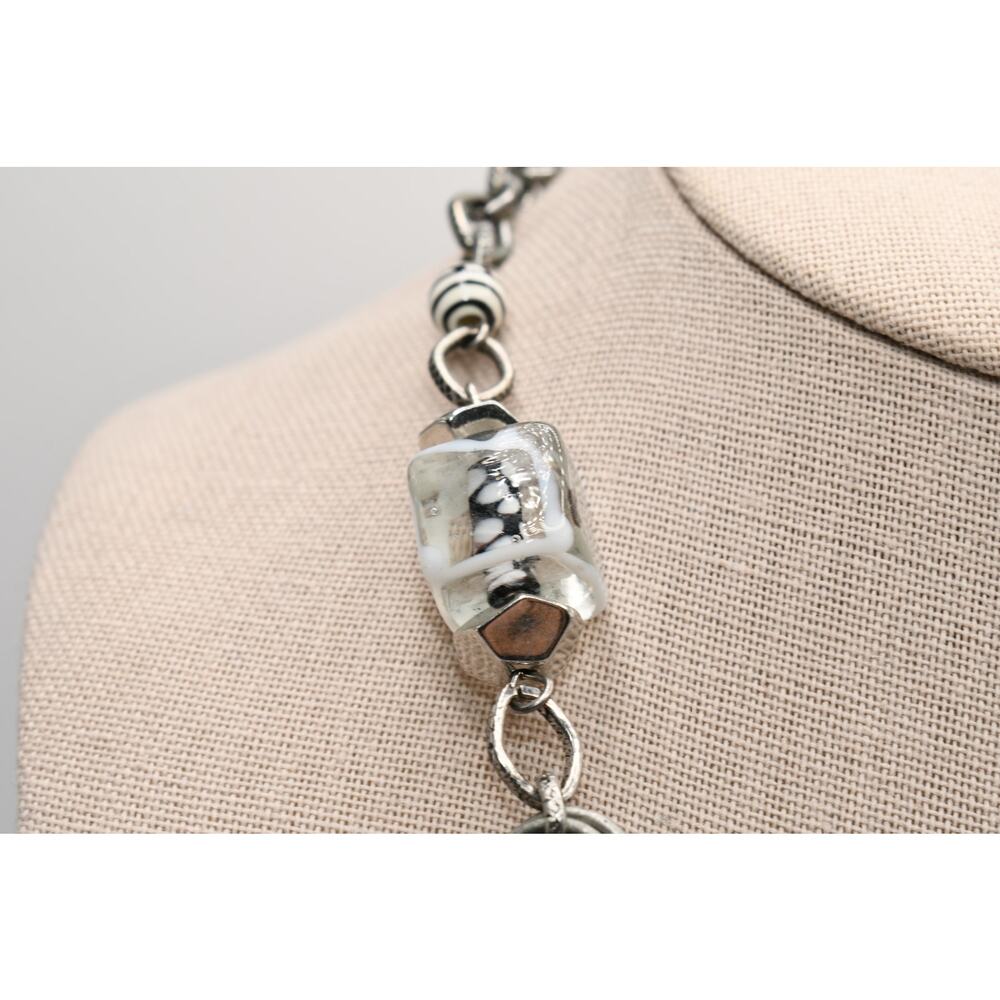 Chico's Statement Necklace Black White Lucite Wood Ring Silver Tone - Picture 5 of 11